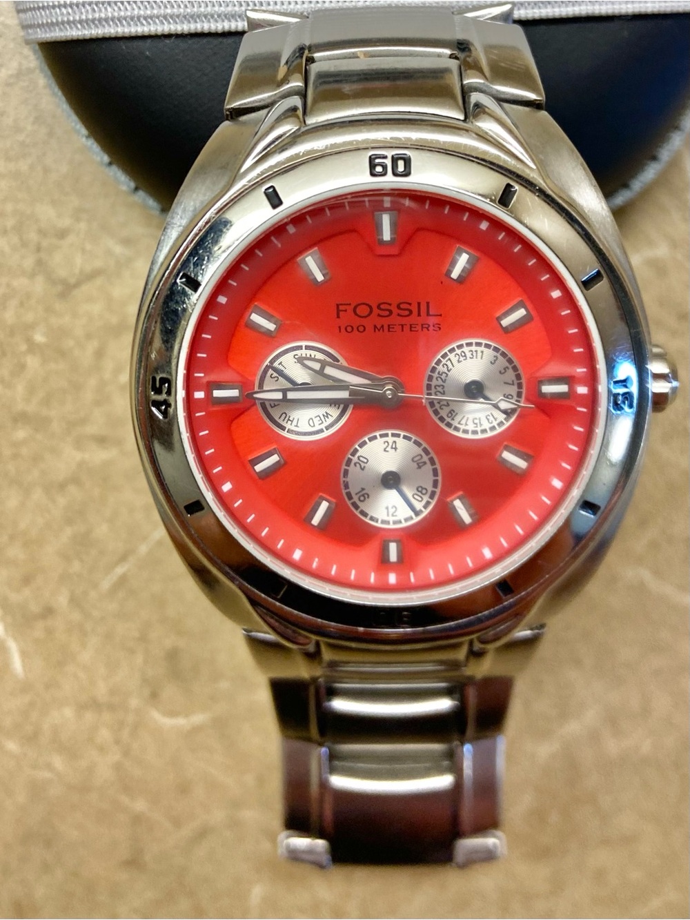 Fossil Silver Stainless Steel Sports Watch with  Red Orange Dial